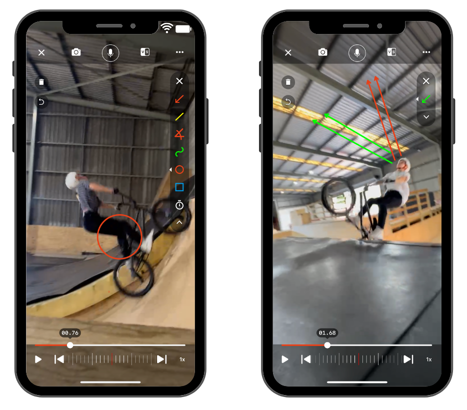 Two phones are showing a person riding a bike on a ramp.