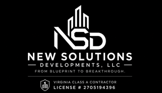 White logo for New Solutions Developments, LLC with stylized city buildings and contact details on black background