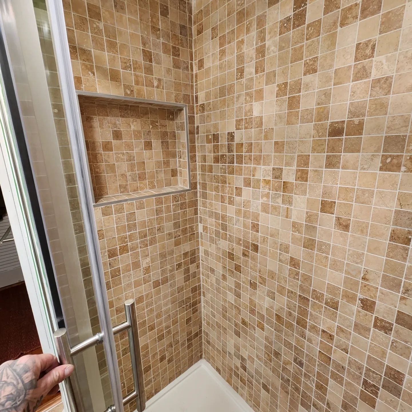 Glass shower door opening to a tan mosaic-tile shower with built-in corner shelves