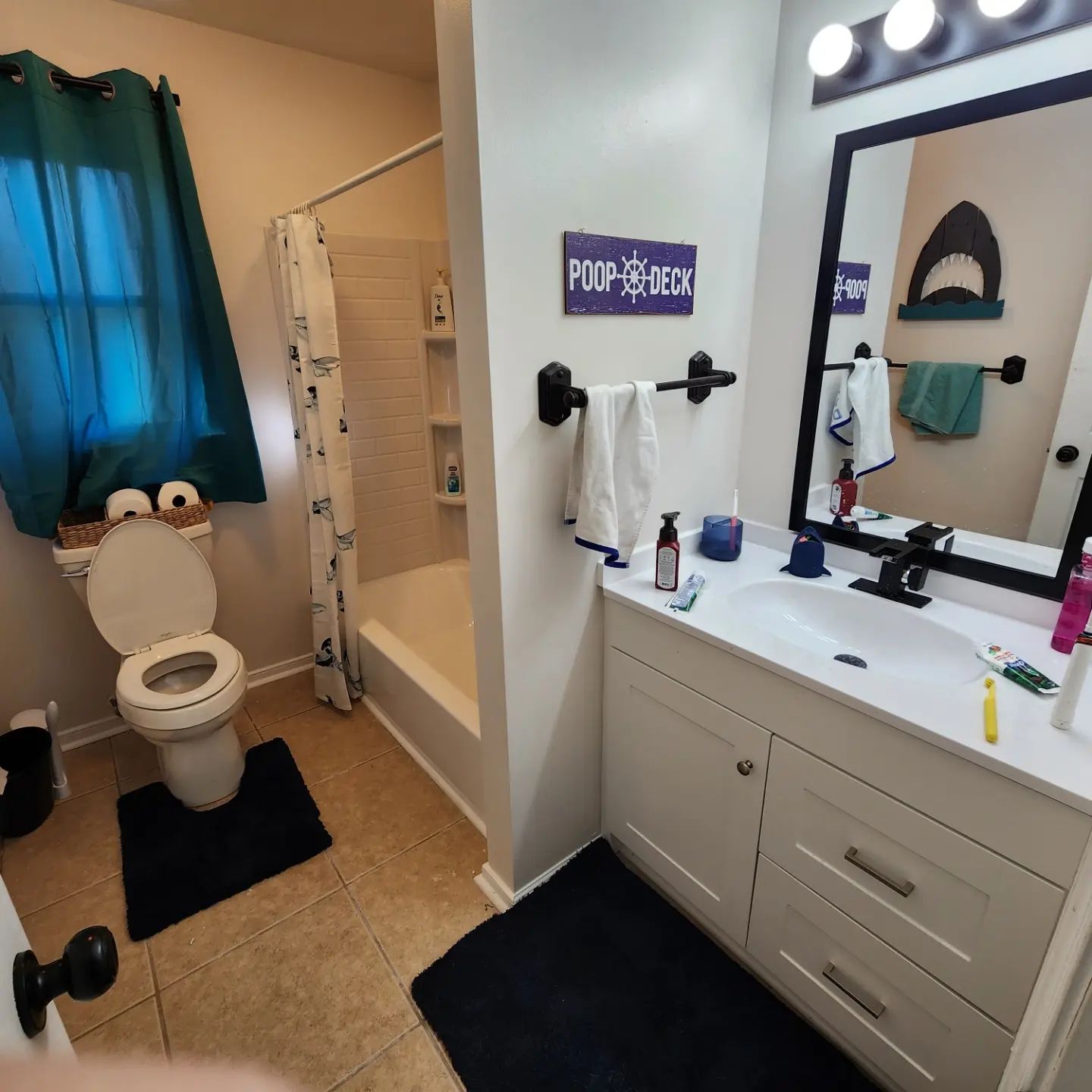 Small bathroom with toilet, shower, and vanity; teal curtain and black bath mats.