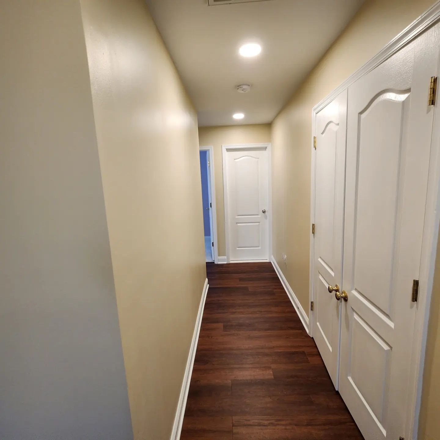 Narrow hallway with beige walls, white doors, and dark wood flooring, lit by ceiling lights