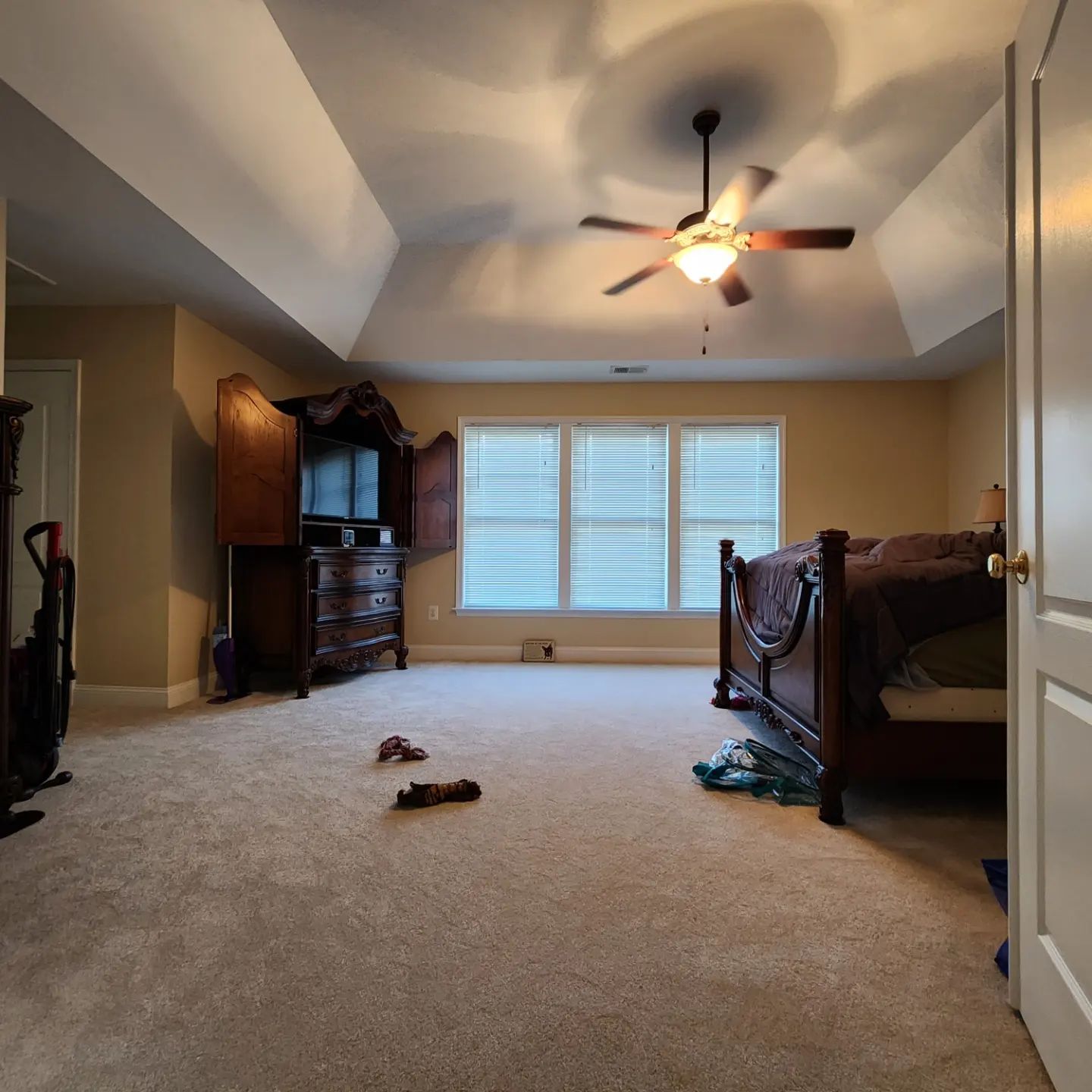Spacious bedroom with beige carpet, wooden furniture, ceiling fan, and window blinds.