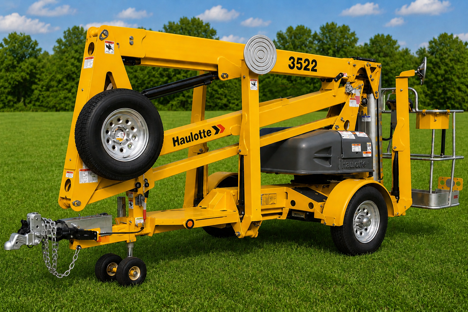 Yellow towable boom lift parked on grass with folded arm and bucket, against a green field and blue sky.
