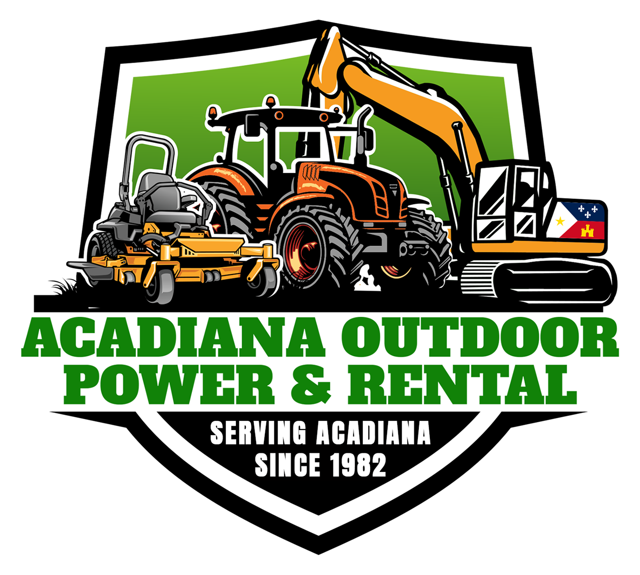 Acadiana Outdoor Power & Rental logo with tractor, excavator, mower, and Louisiana flag shield