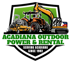 Acadiana Outdoor Power & Rental logo with tractor, excavator, mower, and Louisiana flag shield
