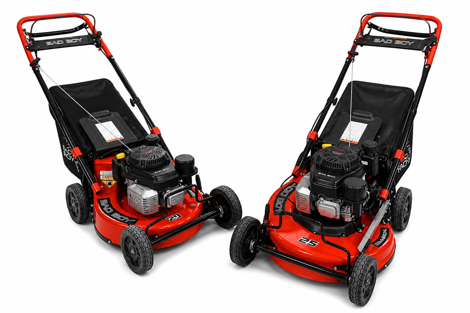 Two red-and-black push lawn mowers angled side by side on a white background