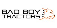 Bad Boy Tractors logo with black text and orange bull head graphic