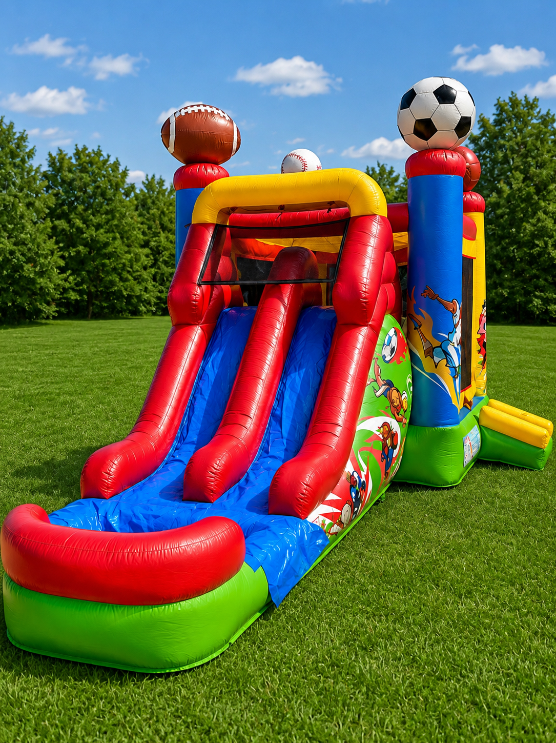 Colorful inflatable backyard bounce slide with sports balls on top, set on green grass under a blue sky