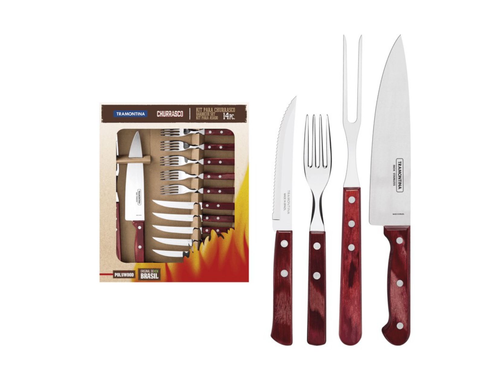 Juego de cubiertos para barbacoa con mangos de madera roja, que incluye cuchillos, tenedores y un cuchillo para trinchar.