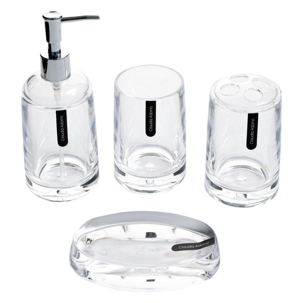 Juego de accesorios de baño: dispensador de jabón transparente, vaso, portacepillos de dientes y jabonera.