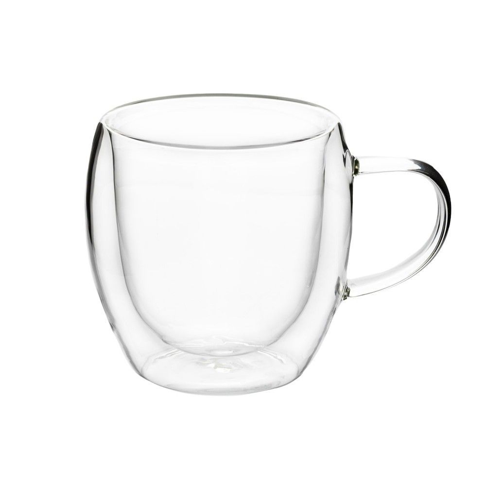 Taza de vidrio transparente de doble pared con asa.
