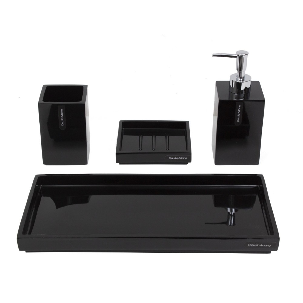 Juego de accesorios de baño negros: portacepillos de dientes, jabonera, dispensador de jabón y bandeja.