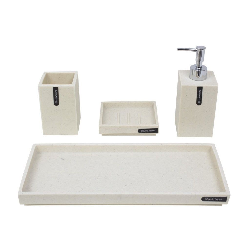 Juego de accesorios de baño negros: portacepillos de dientes, jabonera, dispensador de jabón y bandeja.