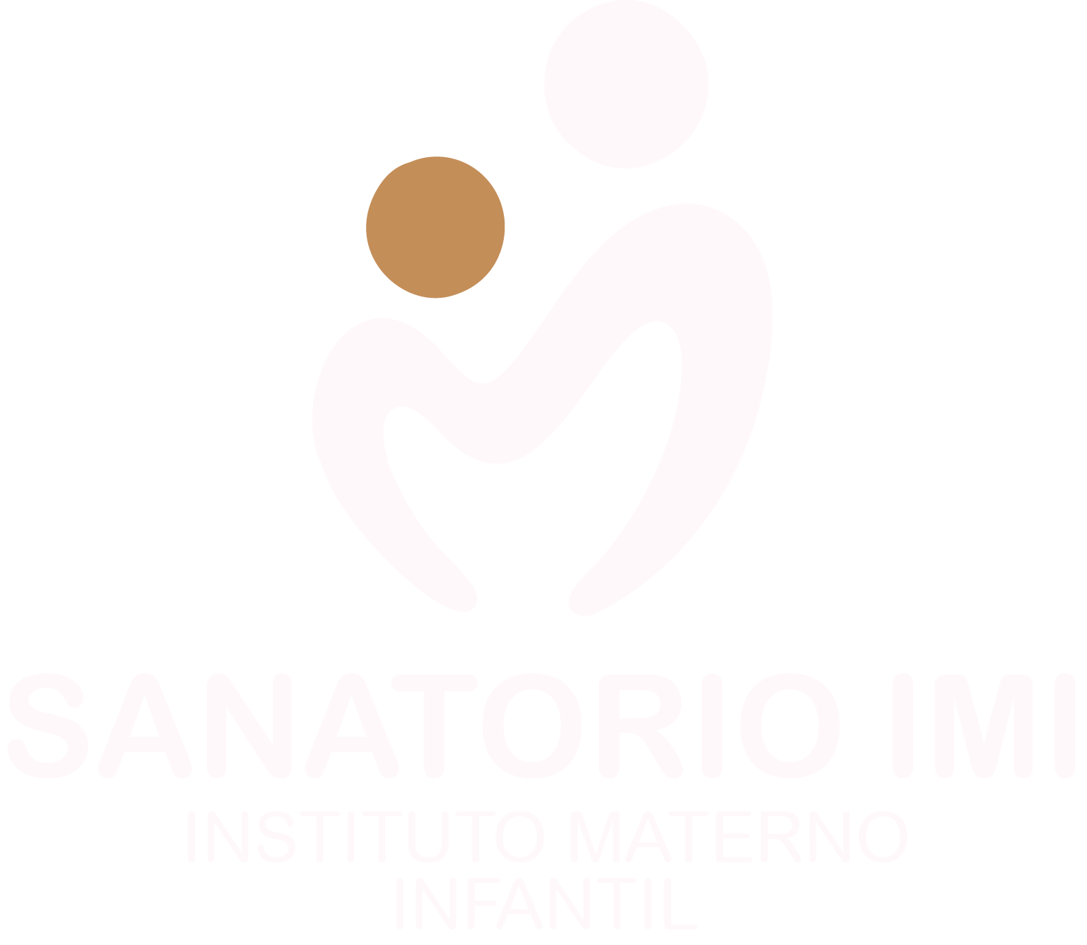 Logotipo médico de color rosa pálido con un círculo marrón y una figura pálida en forma de corazón sobre un fondo blanco.