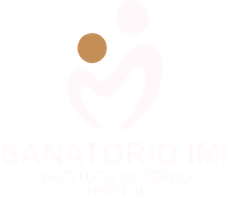Logotipo médico de color rosa pálido con un círculo marrón y una figura pálida en forma de corazón sobre un fondo blanco.