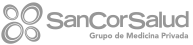 Logotipo de SanCorSalud con texto gris e icono de cuatro círculos sobre fondo blanco.