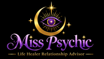 Purple and gold &ldquo;Miss Psychic&rdquo; logo with an eye, moon, stars, and &ldquo;Life Healer Relationship Advisor&rdquo; text