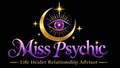 Purple and gold &ldquo;Miss Psychic&rdquo; logo with an eye, moon, stars, and &ldquo;Life Healer Relationship Advisor&rdquo; text