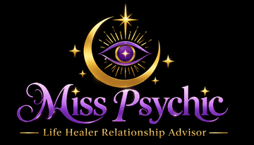 Purple and gold &ldquo;Miss Psychic&rdquo; logo with an eye, moon, stars, and &ldquo;Life Healer Relationship Advisor&rdquo; text