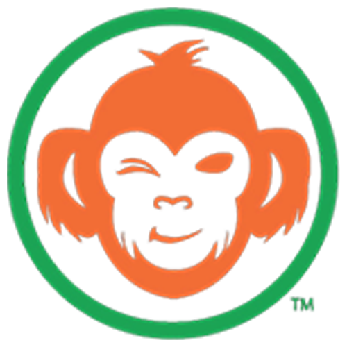 An orange monkey is winking in a green circle ..