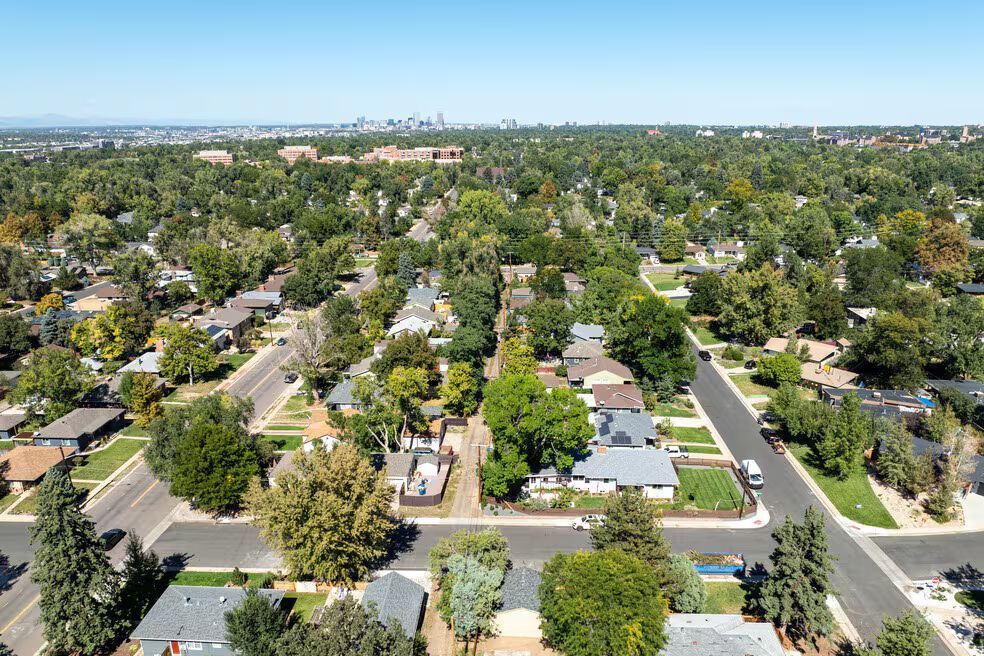 Aerial view of a suburban neighborhood with houses, trees, and a city skyline in the distance.