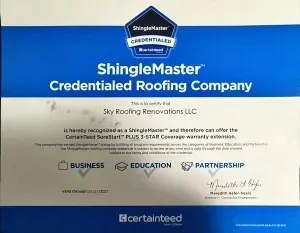 ShingleMaster Credentialed Roofing Company banner for CertainTeed, with blue branding and certification text