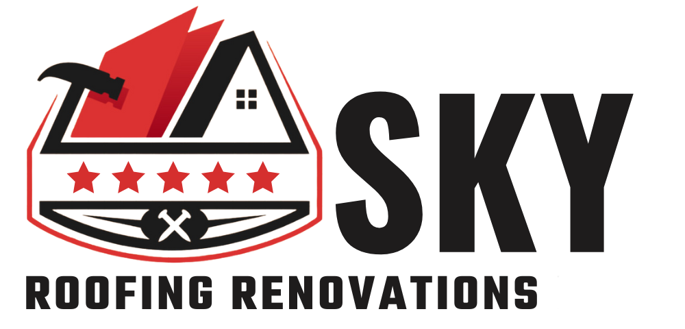 Sky Roofing Renovations logo with red roof icon, stars, and bold black text