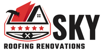 Sky Roofing Renovations logo with red roof icon, stars, and bold black text