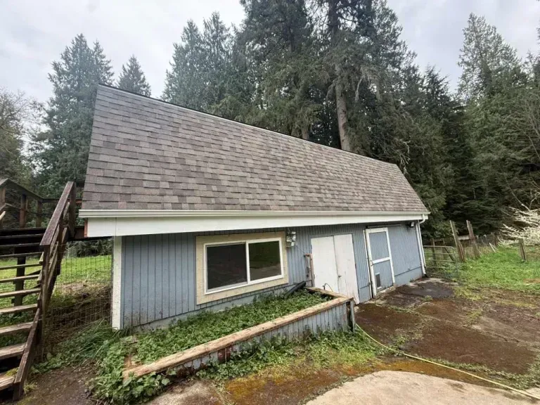 Small gray shed with a steep roof on a muddy lot, backed by tall evergreen trees.