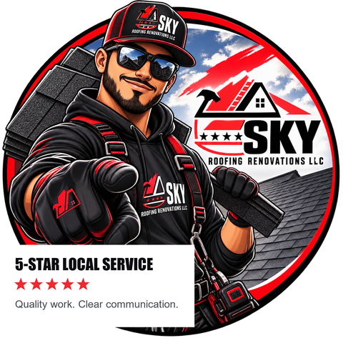 SKY Roofing Renovations LLC logo with smiling roofer in black and red, 5-star local service badge