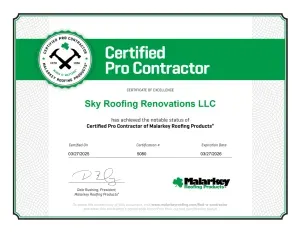 Certified Pro Contractor certificate for Sky Roofing Renovations LLC with green header and logo