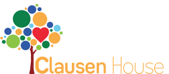 A logo for clausen house with a tree made of circles and a heart