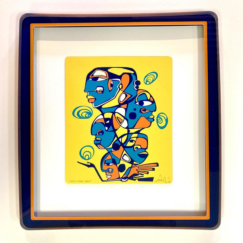A framed painting of a group of people on a yellow background