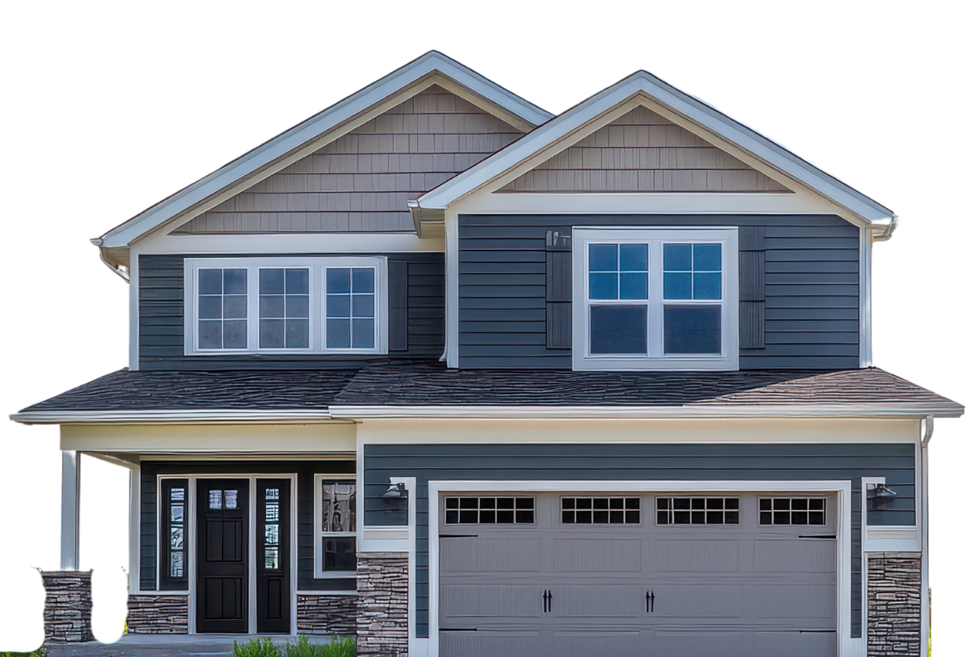 Two-story gray suburban house with white trim and a double garage