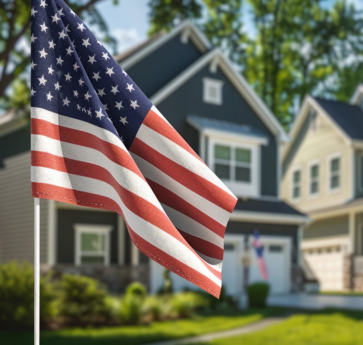 American flag hanging in front of a suburban house on a sunny day
