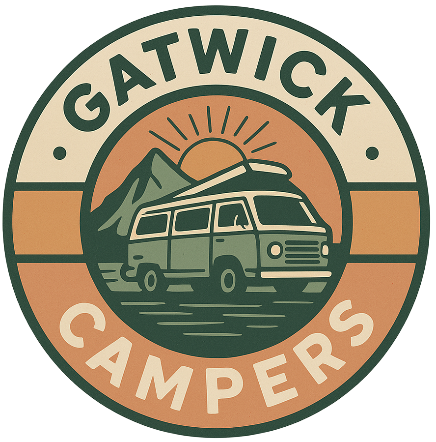 A logo for gatwick campers with a van and mountains in the background.