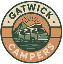 A logo for gatwick campers with a van and mountains in the background.