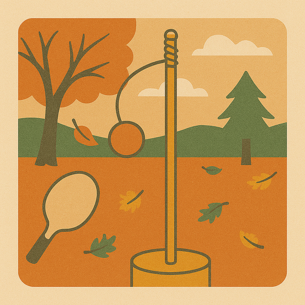An illustration of a tennis racket , a ball , and a pole in a park.