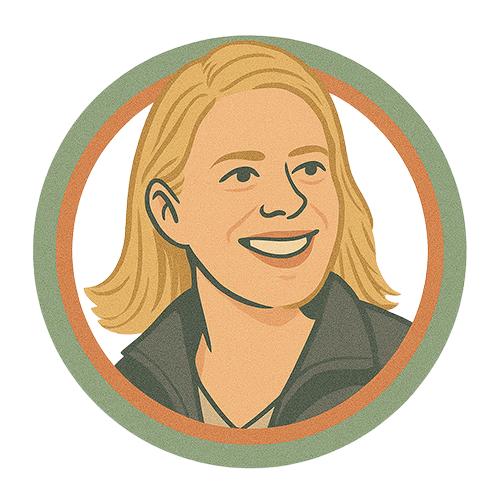 A cartoon of a woman with blonde hair smiling in a circle.