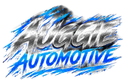 Auggie Automotive logo in silver and blue with dynamic brush-stroke streaks on a black background
