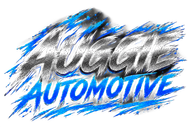 Auggie Automotive logo in silver and blue with dynamic brush-stroke streaks on a black background
