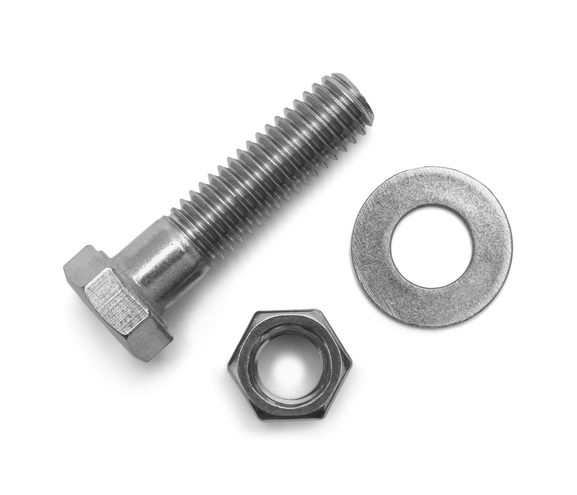 Metal bolt, hex nut, and flat washer on a white background.
