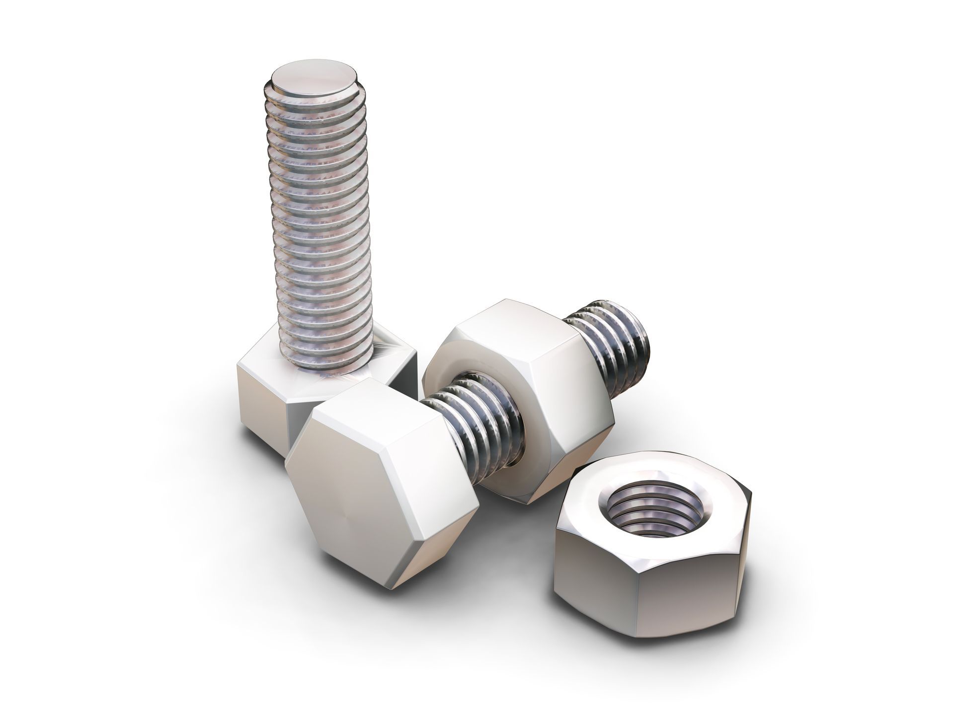 Silver nuts and bolts arranged on a white background