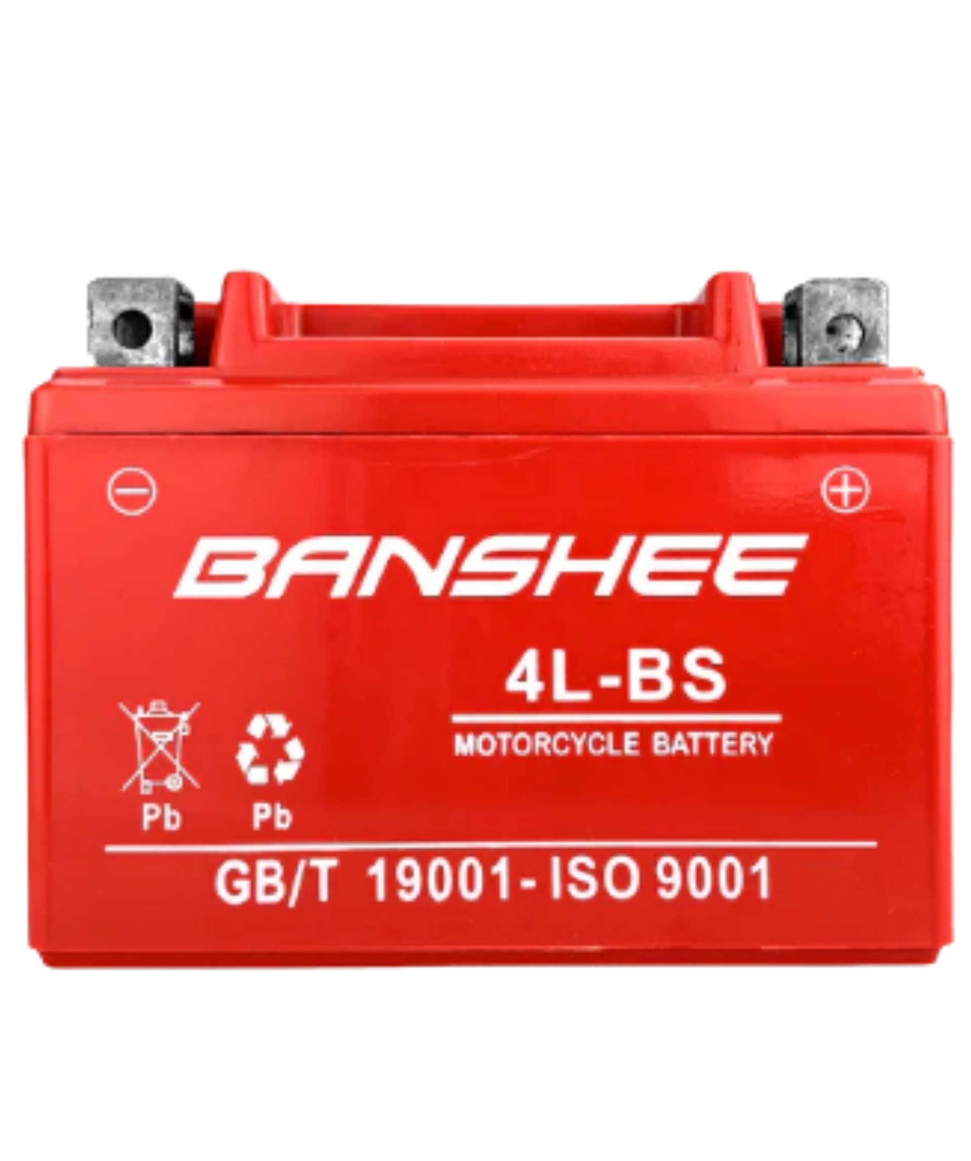 Red Banshee motorcycle battery with white lettering and terminals.