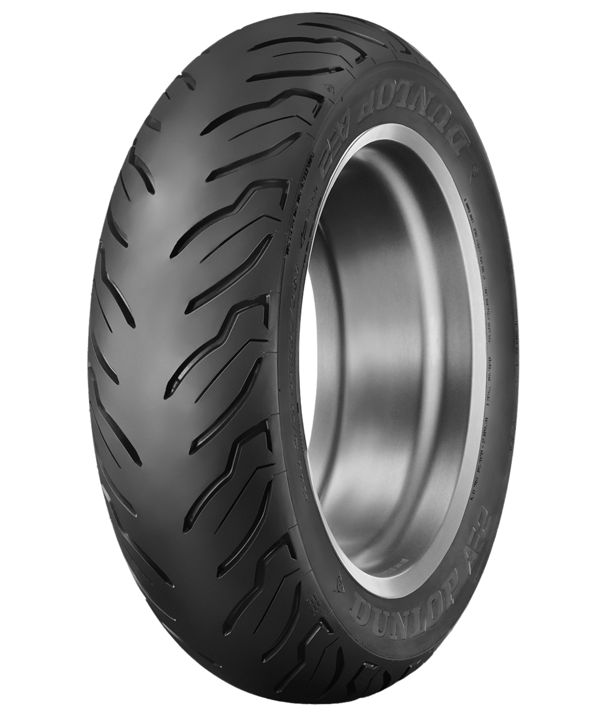 Black motorcycle tire with curved tread grooves.