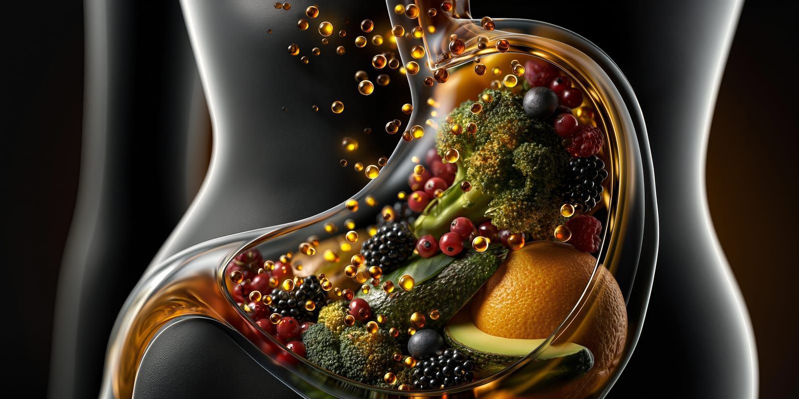 Stomach filled with colorful fruits and vegetables in glass organ, golden probiotic droplets