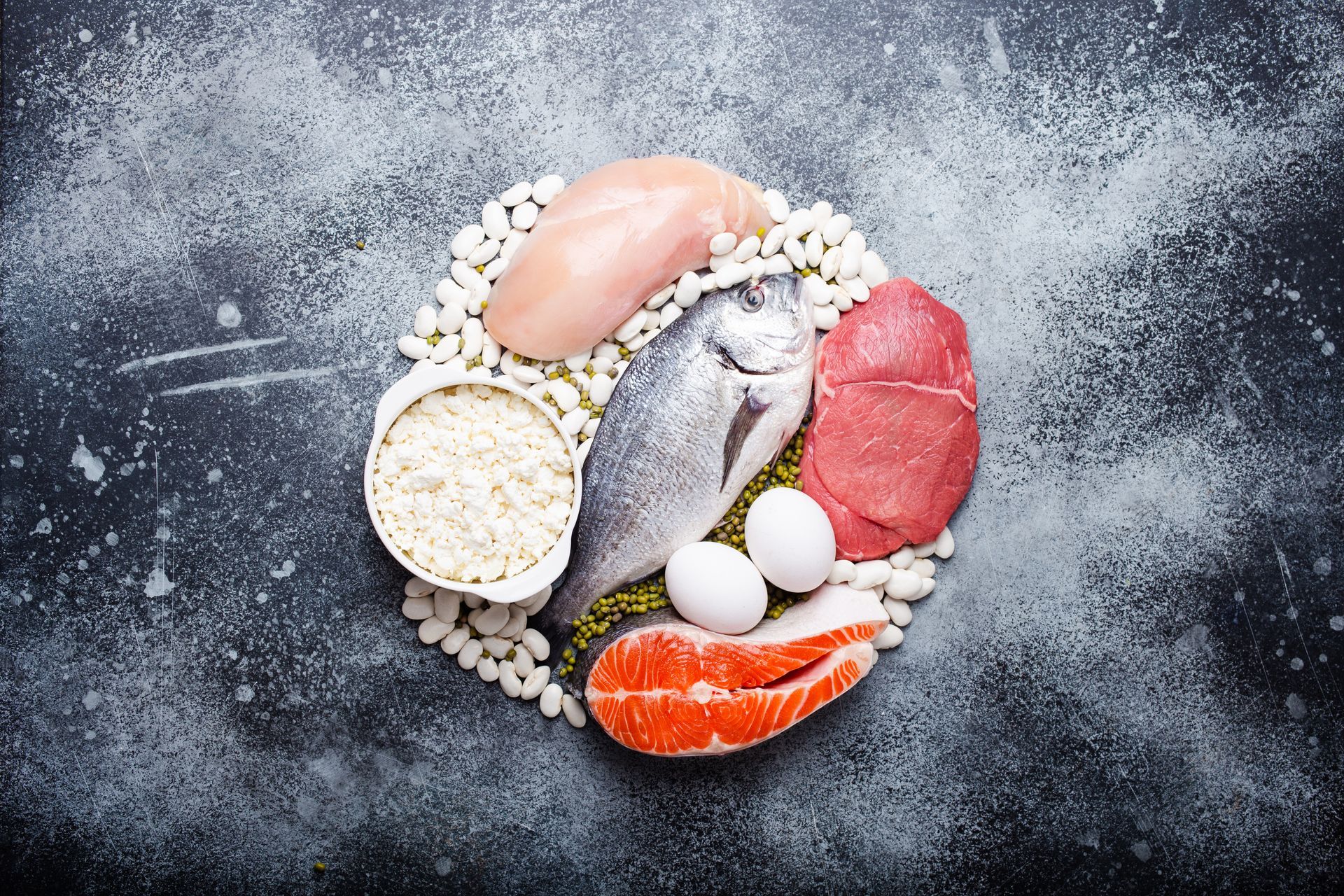 Different types of natural healthy foods contain protein: fish, meat, chicken, eggs, dairy products,