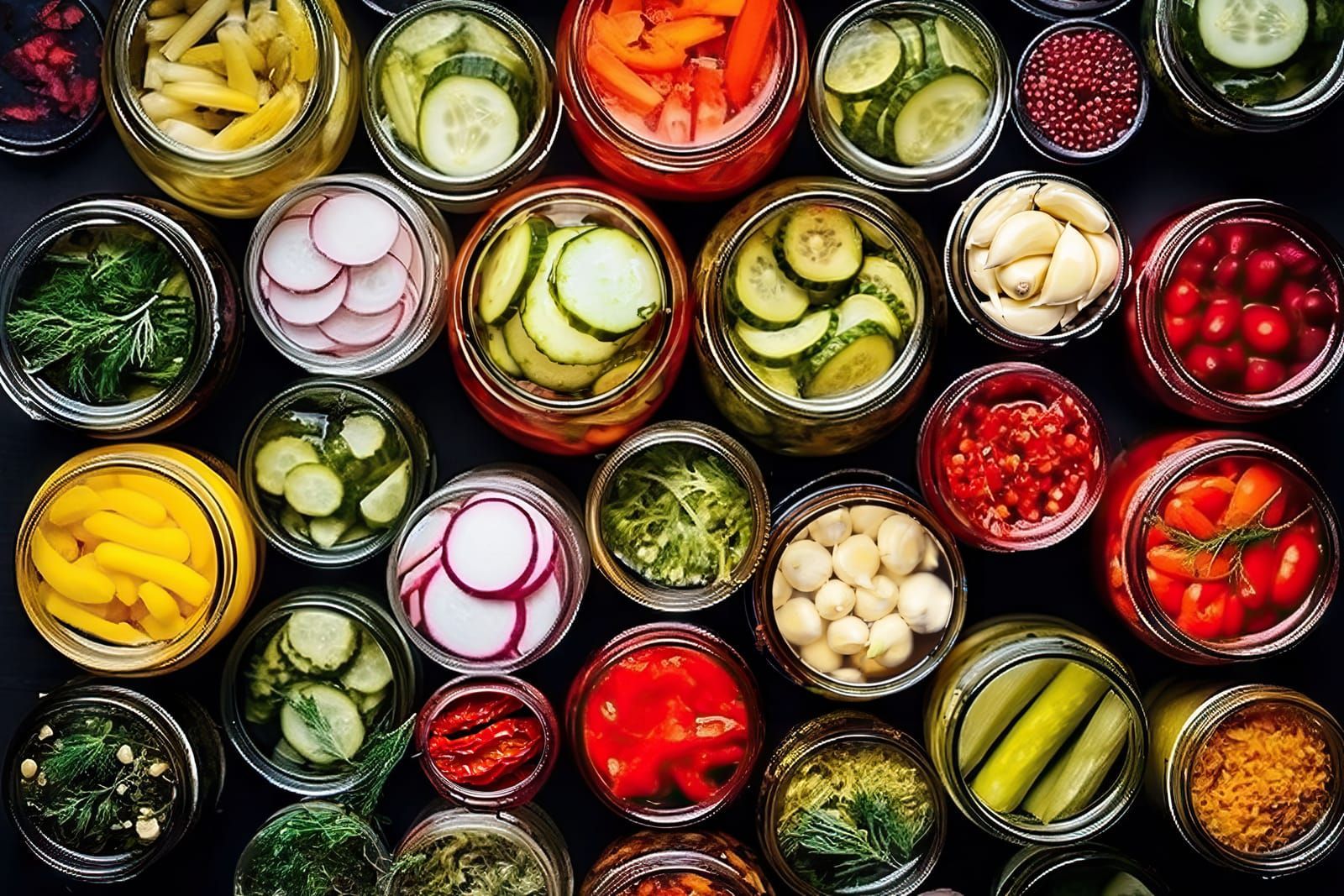 Fermented food overhead flat lay shot. Homemade vegetable preserves. Sauerkraut, pickles, kimchi etc