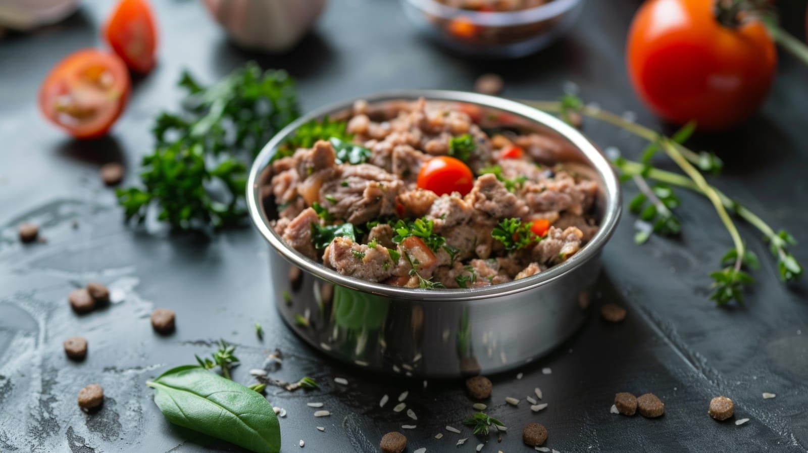 Bowl of healthy wet food for a dog or cat.