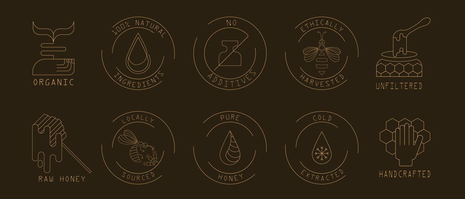 Gold quality certification icons for honey and bee products in outline style. illustrations for hone